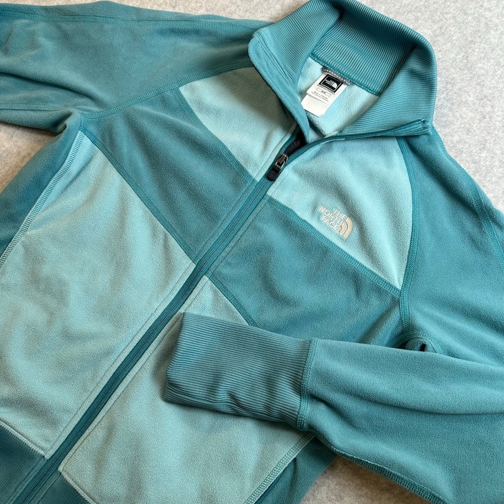 The North Face Womens Full Zip Fleece Jacket Teal Colorblock Mock Neck Medium